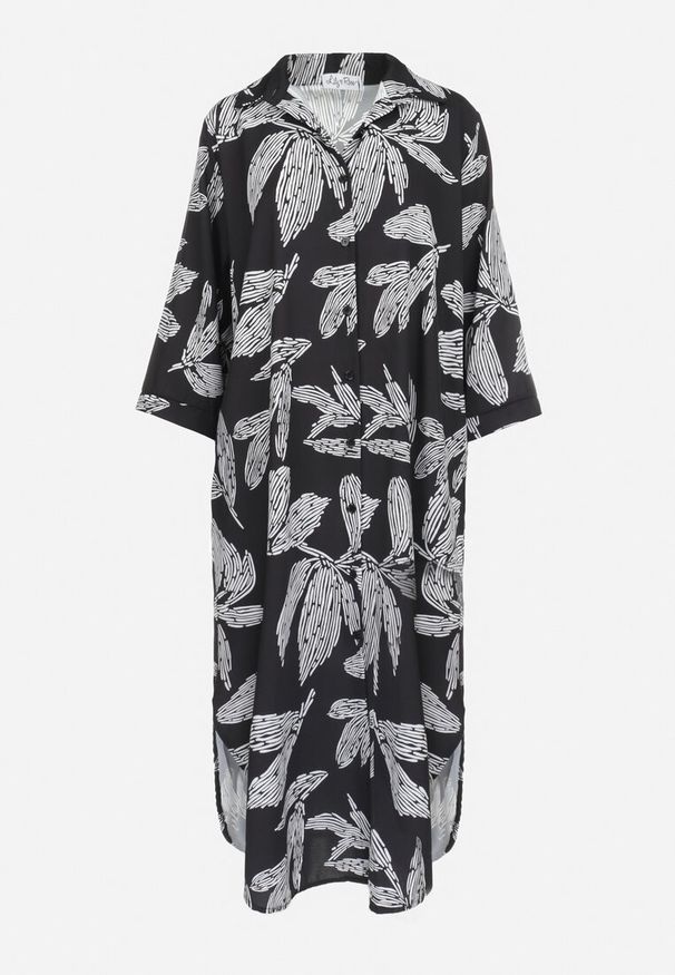 Born2be - Czarna Sukienka Koszulowa w Kwiaty Rahila. Kolor: czarny. Materiał: tkanina. Wzór: kwiaty. Typ sukienki: koszulowe. Długość: midi