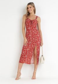Born2be - Bordowa Sukienka na Ramiączkach w Kwiaty Janandra. Kolor: czerwony. Długość rękawa: na ramiączkach. Wzór: kwiaty. Długość: midi #2