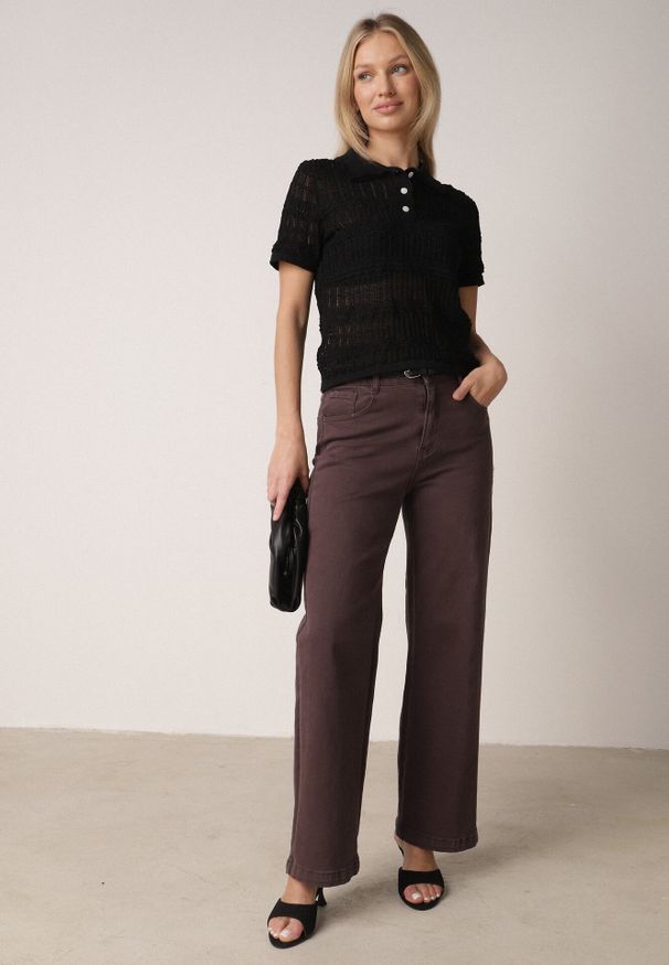 Born2be - Czarna Szydełkowa Bluzka z Wiskozy z Guzikami i Kołnierzykiem Calime. Okazja: na co dzień. Kolor: czarny. Materiał: wiskoza. Styl: casual, klasyczny