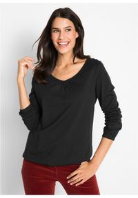 bonprix - Bluzka bawełniana z czystej bawełny z długim rękawem i gumką. Typ kołnierza: dekolt w serek. Kolor: czarny. Materiał: bawełna. Długość rękawa: długi rękaw. Długość: długie #1