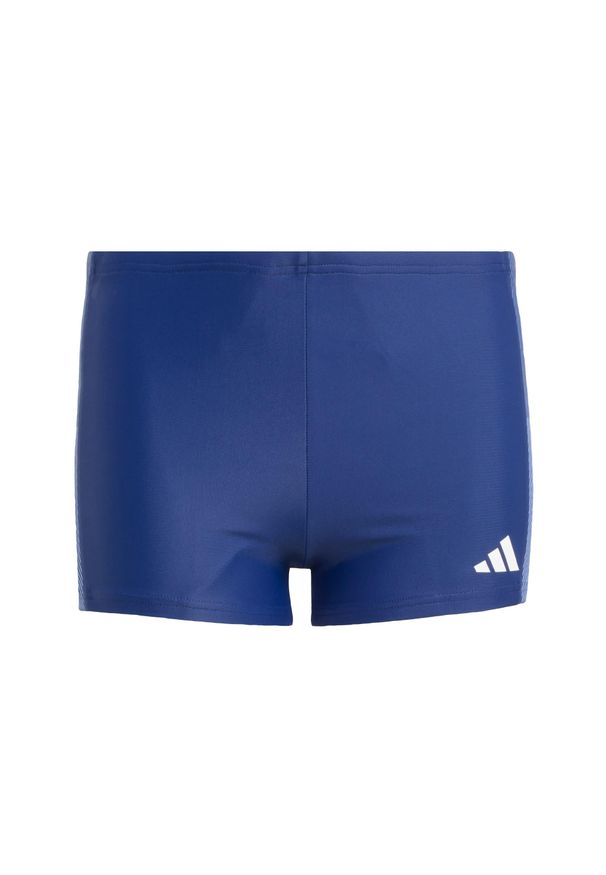 Adidas - Dziecięce bokserki do pływania z kontrastowym zestawieniem kolorów i 3 paskami. Kolor: niebieski. Materiał: materiał