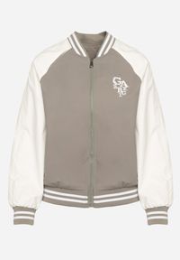 Born2be - Zielona Kurtka Bomberka w Sportowym Stylu z Napisem Evalinas. Okazja: na co dzień. Kolor: zielony. Materiał: jeans. Wzór: napisy. Styl: sportowy