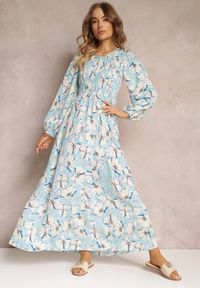 Renee - Niebieska Sukienka Rozkloszowana w Kwiaty Faerria. Kolor: niebieski. Długość rękawa: długi rękaw. Wzór: kwiaty
