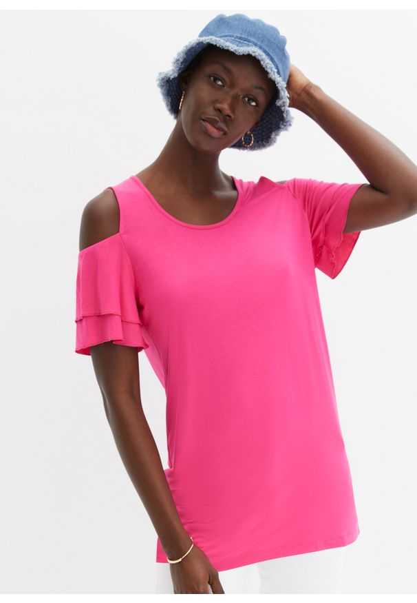 bonprix - Shirt z wycięciami i rękawami motylkowymi. Kolor: różowy. Sezon: lato