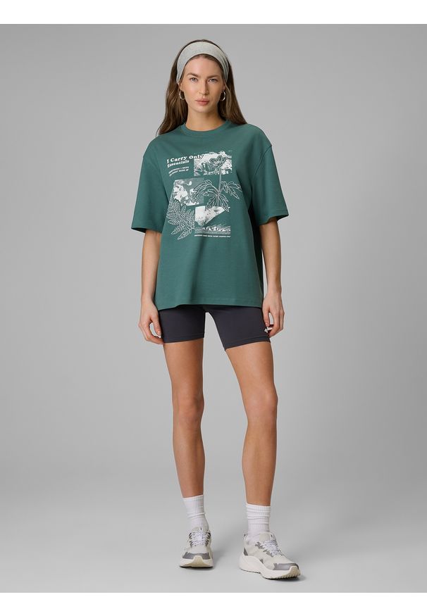 4f - 4F T-shirt loose z nadrukiem damski - turkusowy S. Okazja: na co dzień. Kolor: turkusowy. Materiał: dzianina, jeans, materiał. Wzór: nadruk. Styl: casual, klasyczny