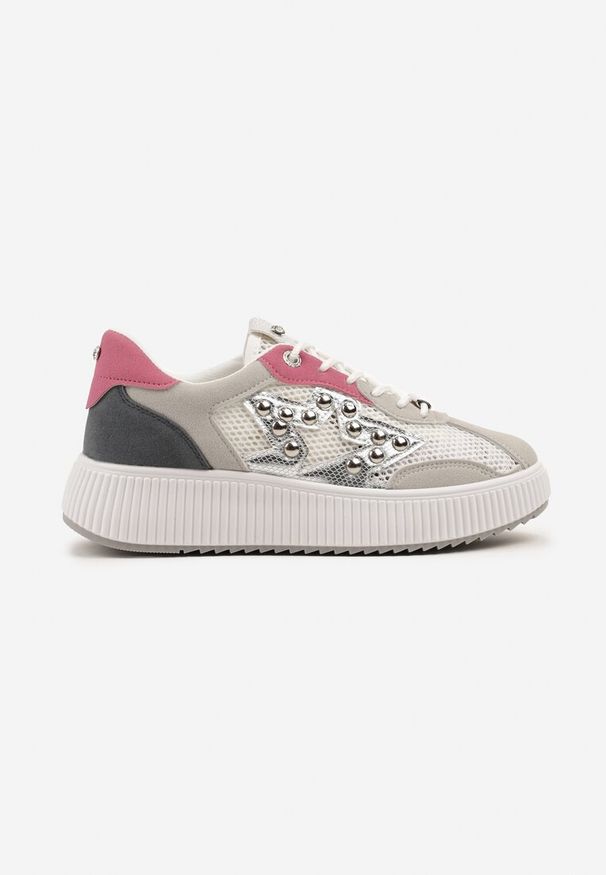 Renee - Szaro-Różowe Sneakersy Ozdobione Gwiazdą i Nitami Zeloti. Okazja: na co dzień. Kolor: szary. Materiał: dzianina, jeans. Wzór: aplikacja