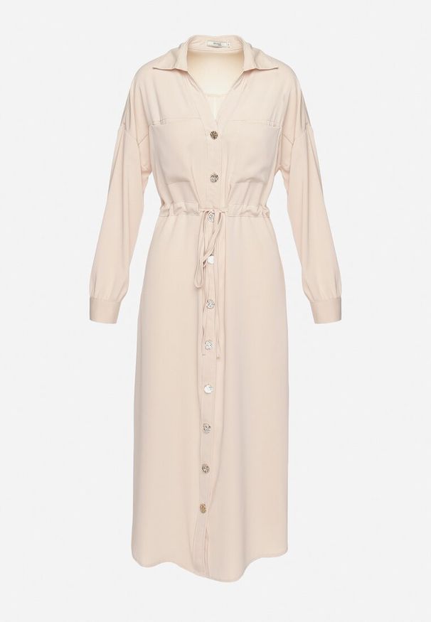 Born2be - Beżowa Sukienka Koszulowa ze Sznurkiem w Pasie i Guzikami Atlanes. Kolor: beżowy. Materiał: skóra. Długość rękawa: długi rękaw. Typ sukienki: koszulowe