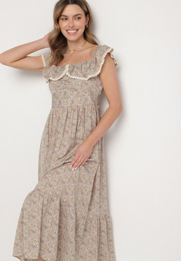 Born2be - Zielona Sukienka Ozdobiona Falbankami Folirae. Okazja: na co dzień, na spacer. Typ kołnierza: kołnierz z falbankami. Kolor: zielony. Wzór: aplikacja. Sezon: lato. Typ sukienki: sportowe. Styl: sportowy, casual