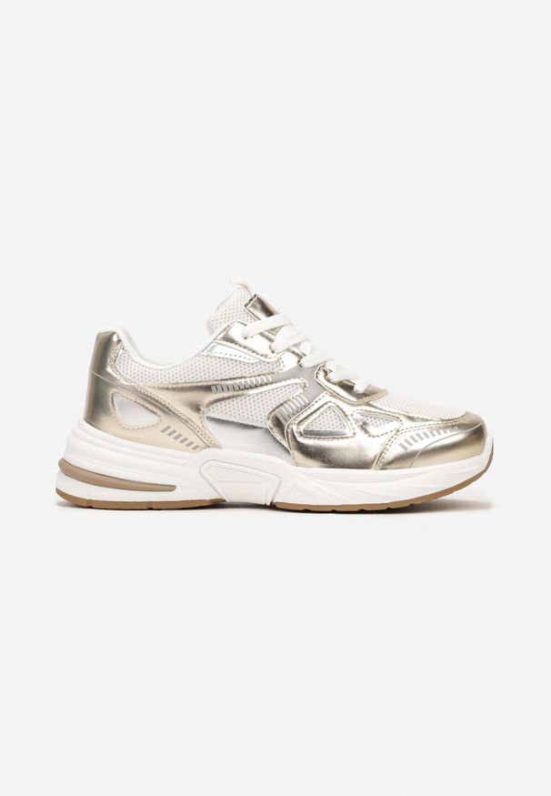 Born2be - Złote Sznurowane Sneakersy na Grubej Podeszwie ze Wstawkami z Ekoskóry Vitalirs. Kolor: złoty