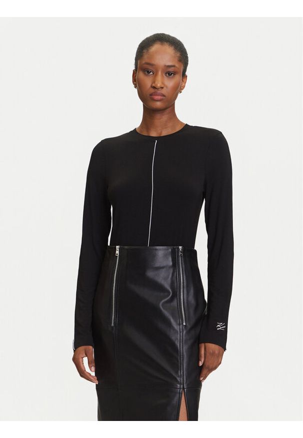 Karl Lagerfeld - KARL LAGERFELD Bluzka A3W17007 Czarny Slim Fit. Typ kołnierza: dekolt w karo. Kolor: czarny. Materiał: wiskoza