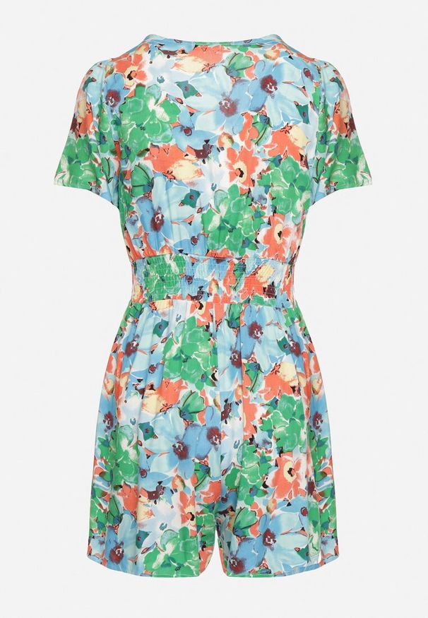 Born2be - Zielony Wiskozowy Kombinezon z Gumkami w Pasie i Ozdobnym Wiązaniem Amberta. Kolor: zielony. Materiał: wiskoza. Długość rękawa: krótki rękaw. Długość: krótkie. Sezon: wiosna, lato