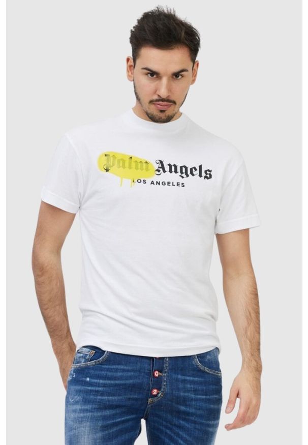 PALM ANGELS Biały t-shirt męski z logo, Rozmiar S. Kolor: biały. Materiał: prążkowany. Wzór: nadruk