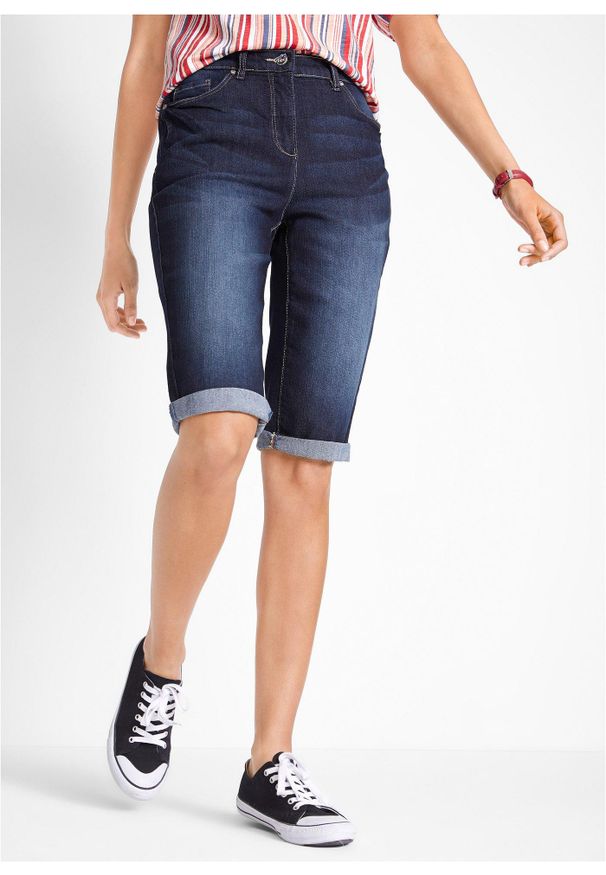 bonprix - Bermudy dżinsowe ze stretchem i wygodnym paskiem. Kolor: niebieski