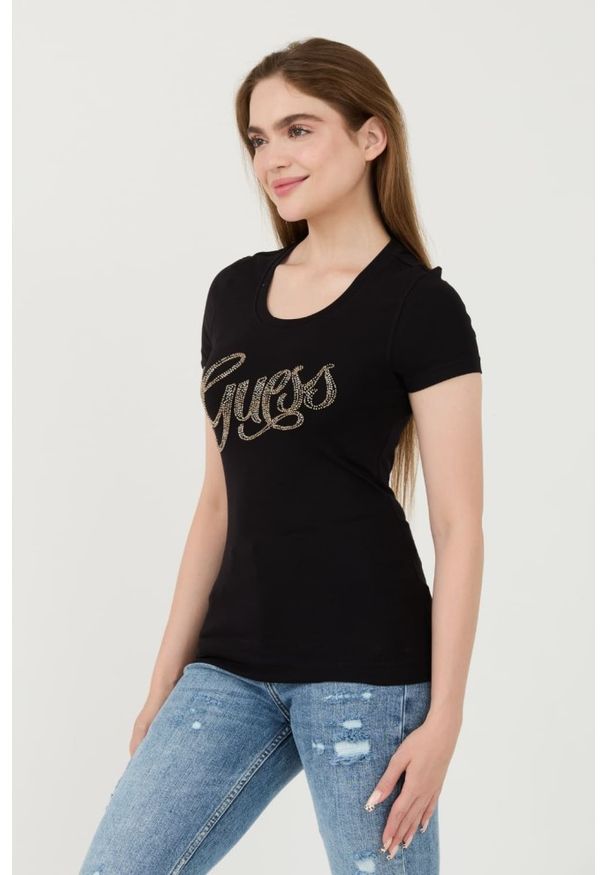 Guess - GUESS Czarny t-shirt Script. Kolor: czarny