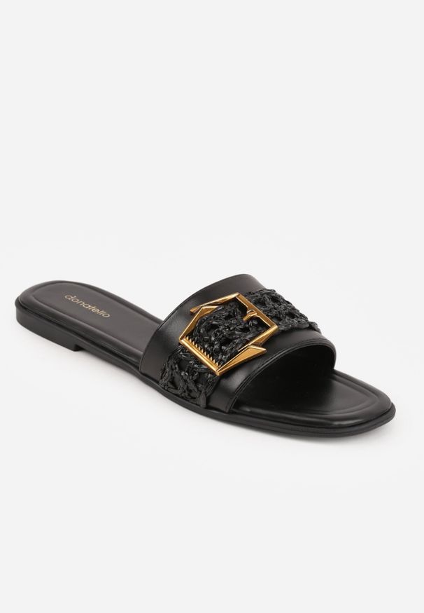 Renee - Czarne Klapki w Stylu Boho z Plecionką z Rafii i Metalową Klamerką Mezelin. Okazja: na co dzień. Kolor: czarny. Materiał: jeans, len. Sezon: lato. Styl: boho