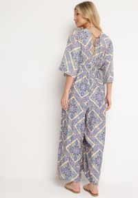 Born2be - Niebieski Kombinezon Boho z Gumką w Talii Wiązany na Plecach z Szerokimi Nogawkami Rodolia. Okazja: na co dzień. Kolor: niebieski. Długość rękawa: krótki rękaw. Długość: krótkie. Styl: boho #3