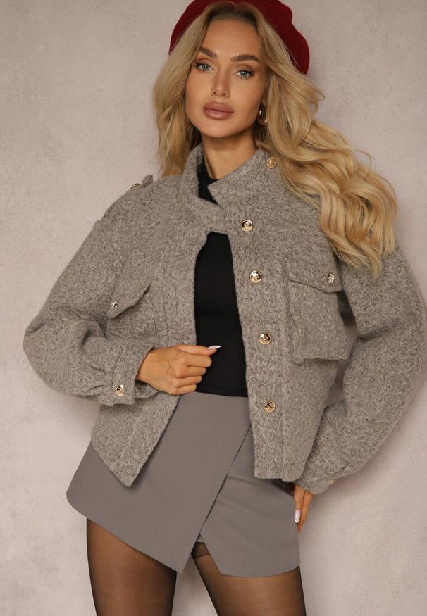 Renee - Brązowa Kurtka Utility z Kieszeniami z Klapami i Bufiastymi Rękawami Niraleen. Okazja: na co dzień. Kolor: brązowy. Materiał: jeans. Styl: casual