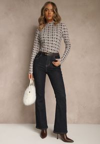 Renee - Biało-Brązowa Bluzka Longsleeve z Golfem z Bawełny w Geometryczny Print Zadanevia. Okazja: na spacer, na co dzień. Typ kołnierza: golf. Kolor: biały. Materiał: bawełna. Długość rękawa: długi rękaw. Wzór: geometria, nadruk. Styl: elegancki, casual