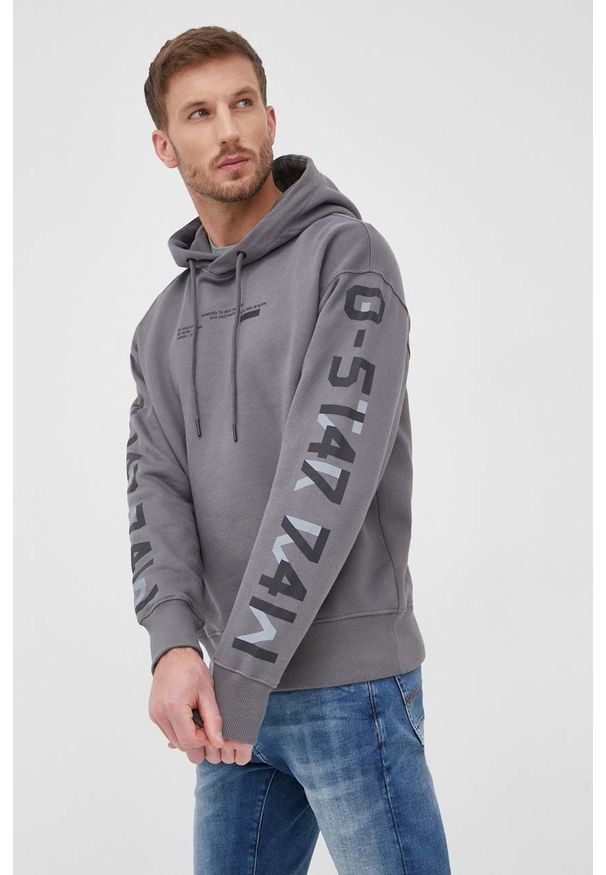 G-Star RAW - G-Star Raw bluza bawełniana męska kolor szary z kapturem z nadrukiem. Typ kołnierza: kaptur. Kolor: szary. Materiał: bawełna. Wzór: nadruk