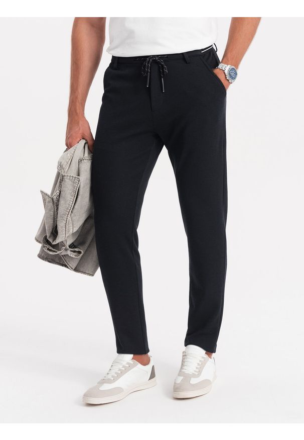Ombre Clothing - Dzianinowe spodnie męskie z gumką w pasie - czarne V4 OM-PACP-0116 - XXL. Kolor: czarny. Materiał: dzianina