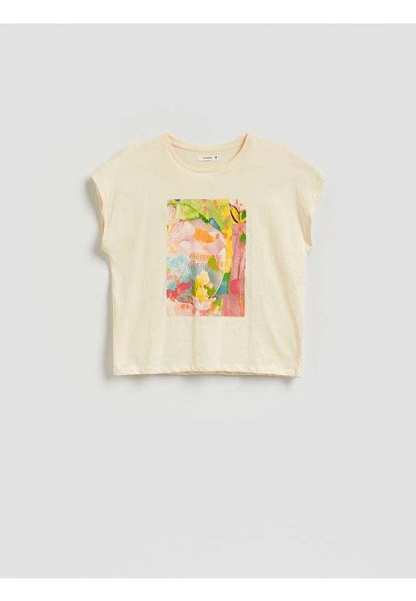 Reserved - T-shirt z raglanowym rękawem - kremowy. Kolor: kremowy. Materiał: dzianina, bawełna. Długość rękawa: raglanowy rękaw