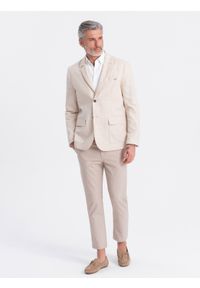 Ombre Clothing - Męska marynarka o kroju REGULAR z lnem - kremowa V1. Okazja: do pracy. Kolor: kremowy. Materiał: len. Wzór: aplikacja. Styl: klasyczny, elegancki #2