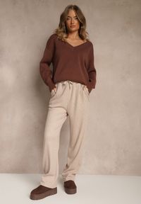 Renee - Beżowe Spodnie High Waist z Gumką i Troczkami w Pasie Rallena. Okazja: na co dzień. Stan: podwyższony. Kolor: beżowy. Styl: casual