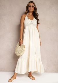 Renee - Beżowa Sukienka Boho Rozkloszowana z Wiskozy Risalenne. Okazja: na co dzień. Typ kołnierza: dekolt w kształcie V. Kolor: beżowy. Materiał: wiskoza. Długość rękawa: krótki rękaw. Wzór: ażurowy. Typ sukienki: proste, rozkloszowane. Styl: boho