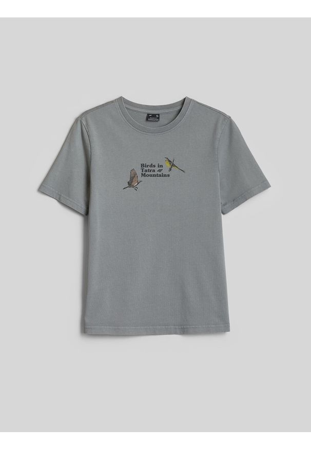 4f - 4F T-shirt loose z nadrukiem damski - szary S. Kolor: szary. Materiał: bawełna, prążkowany, materiał, dzianina. Wzór: nadruk. Styl: klasyczny, vintage