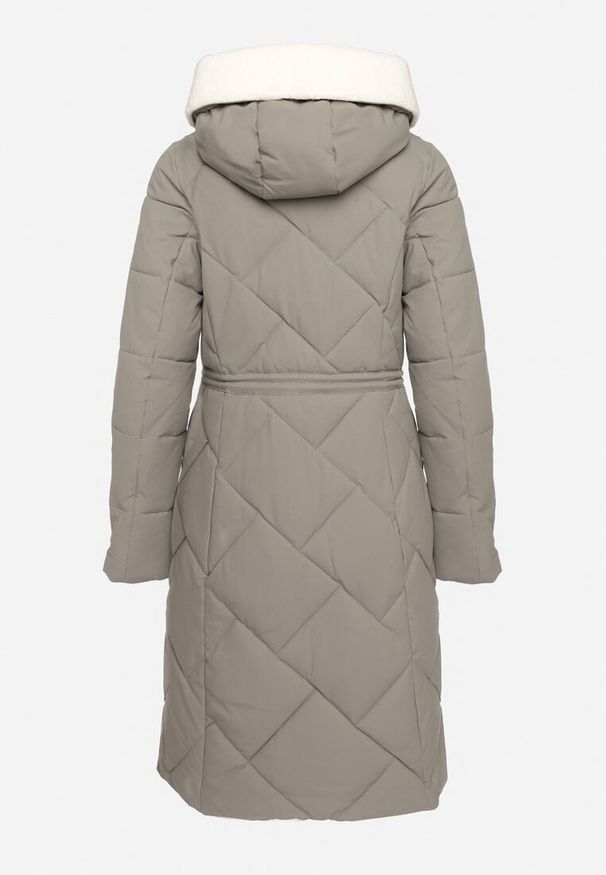 Born2be - Ciemnozielona Pikowana Kurtka z Kapturem i Ozdobnym Kołnierzem Ściągana w Pasie Ellarisa. Typ kołnierza: kaptur. Kolor: zielony. Materiał: jeans, wełna. Styl: elegancki
