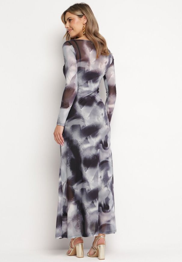 Born2be - Czarno-Szara Sukienka Siateczkowa Maxi w Abstrakcyjny Wzór Tie-Dye Orelad. Kolor: czarny. Długość: maxi