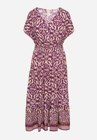 Born2be - Ciemnofioletowa Bawełniana Sukienka z Dekoltem w Serek Zapinana na Guziki z Gumką w Pasie Kelea. Okazja: na co dzień. Typ kołnierza: dekolt w serek. Kolor: fioletowy. Materiał: bawełna. Typ sukienki: proste. Styl: elegancki, casual, klasyczny, wizytowy #3