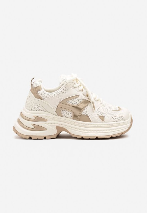 Renee - Beżowe Sneakersy na Platformie z Tłoczeniem i Geometrycznym Wzorem Melvila. Kolor: beżowy. Materiał: jeans. Wzór: geometria. Obcas: na platformie