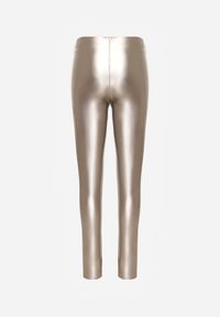 Born2be - Szampańskie Legginsy z Ekoskóry z Guzikami Wysokim Stanem i Gumką w Talii Sintheria. Okazja: na co dzień, na spacer. Stan: podwyższony. Kolor: złoty. Materiał: materiał, kaszmir. Wzór: aplikacja. Sezon: jesień. Styl: casual, elegancki #2