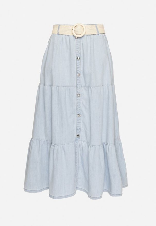 Born2be - Jasnoniebieska Bawełniana Spódnica Jeansowa Rozkloszowana z Paskiem i Ozdobnymi Guzikami Natenelia. Okazja: na co dzień. Stan: podwyższony. Kolor: niebieski. Materiał: jeans, bawełna. Styl: casual, elegancki