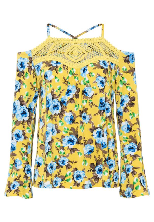 Shirt z szydełkową koronką bonprix żółto-niebieski w kwiaty. Kolor: żółty. Materiał: koronka. Wzór: kwiaty, koronka