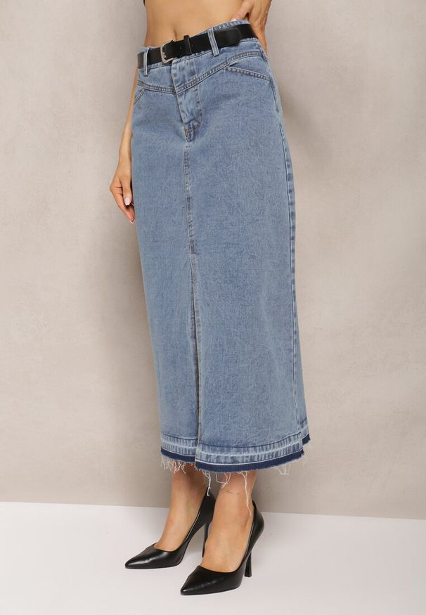 Renee - Granatowa Ołówkowa Spódnica Jeansowa z Paskiem w Komplecie Olvane. Kolor: niebieski. Materiał: jeans