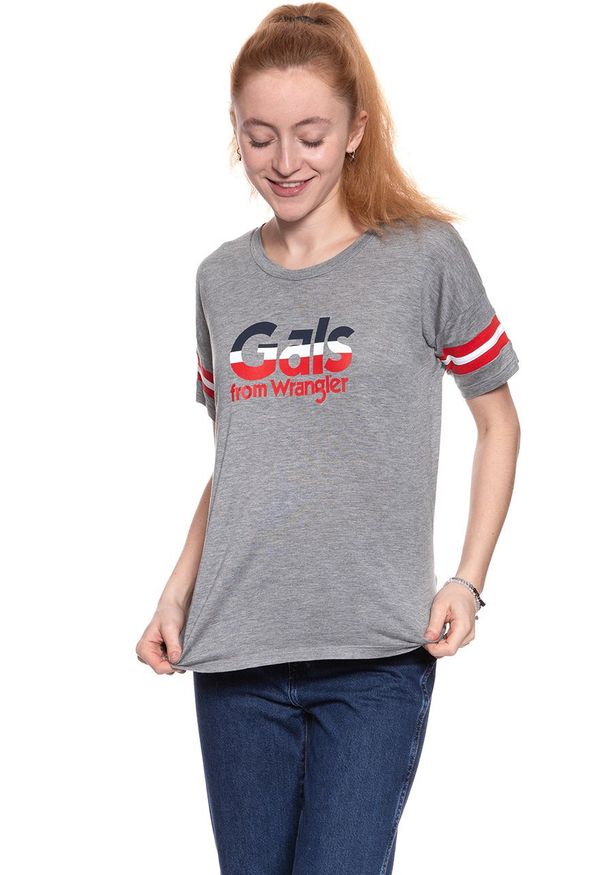 Wrangler - WRANGLER T SHIRT DAMSKI FLUID GRAPHIC TEE MID GREY MEL W705LFD37 112130903. Wzór: paski, nadruk
