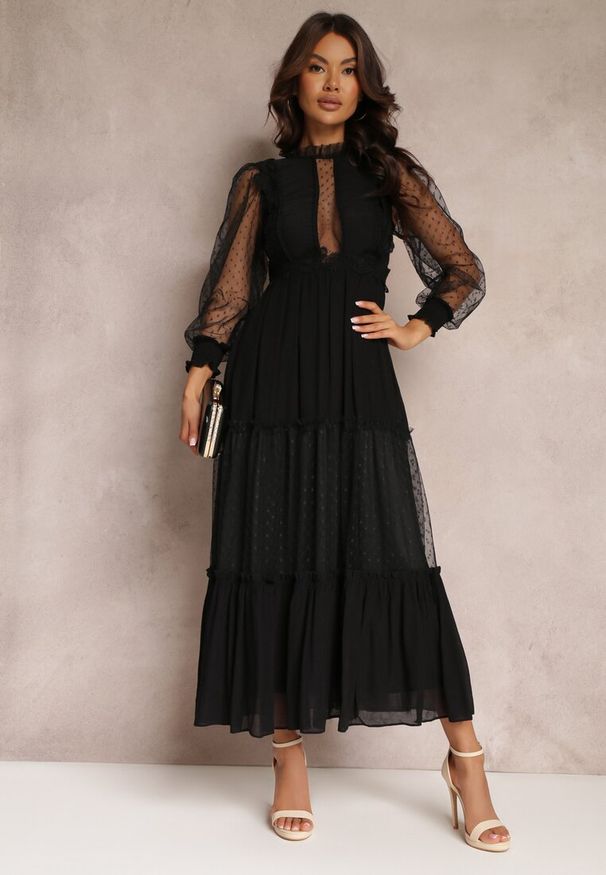 Renee - Czarna Sukienka z Bufiastym Rękawem Ozdobiona Tiulowymi Wstawkami Laluna. Kolor: czarny. Materiał: tiul. Wzór: aplikacja