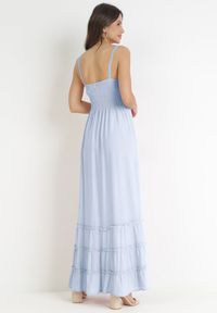 Born2be - Niebieska Sukienka Maxi na Ramiączkach z Koronkowymi Wstawkami i Falbankami Lemera. Typ kołnierza: kołnierz z falbankami. Kolor: niebieski. Materiał: koronka. Długość rękawa: na ramiączkach. Wzór: aplikacja, koronka. Sezon: wiosna, lato. Długość: maxi #2