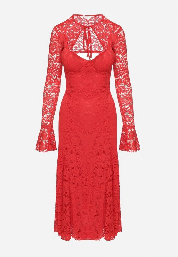 Born2be - Czerwona Koronkowa Sukienka o Rozkloszowanym Kroju z Wiązanym Bolerkiem Gonneth. Okazja: na wesele, na ślub cywilny. Typ kołnierza: dekolt w kształcie V. Kolor: czerwony. Materiał: koronka. Długość rękawa: na ramiączkach. Typ sukienki: rozkloszowane