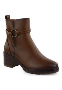 POTOCKI - Botki damskie ocieplane na klocku brązowe Potocki SZ12527. Kolor: brązowy. Materiał: skóra ekologiczna. Styl: elegancki