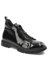 Czarne Botki Venezia Modne Buty Damskie. Kolor: czarny. Materiał: lakier, skóra. Styl: klasyczny