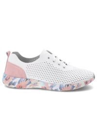 Półbuty damskie Artiker, skóra naturalna perforowana cholewka sznurowany fason lekka elastyczna podeszwa z kwiatowym motywem, białe, 58C0587. Okazja: na co dzień, na spacer. Zapięcie: sznurówki. Kolor: biały. Materiał: skóra. Szerokość cholewki: normalna. Wzór: kwiaty. Sport: turystyka piesza #2