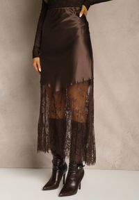 Renee - Brązowa Koktajlowa Spódnica z Satyny z Koronką Avelori. Kolor: brązowy. Materiał: satyna, koronka. Wzór: koronka. Styl: wizytowy #5