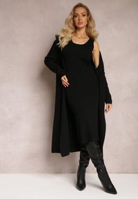 Renee - Czarny Dzianinowy Komplet Sukienka Midi i Kardigan z Kapturem Atessia. Kolor: czarny. Materiał: dzianina #5