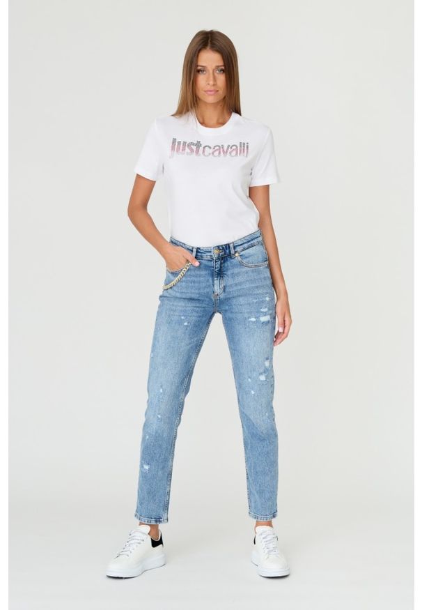 Just Cavalli - JUST CAVALLI Błękitne damskie jeansy Super Slim Chain, Rozmiar 29. Kolor: niebieski