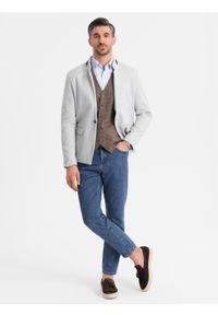 Ombre Clothing - Męska melanżowa marynarka z dodatkiem rayonu ze stójką – szary melanż V4 - Rozmiar: XXL. Okazja: na co dzień. Typ kołnierza: kołnierzyk stójkowy. Kolor: szary. Materiał: tkanina, skóra, zamsz, poliester, materiał. Wzór: melanż. Styl: klasyczny, casual