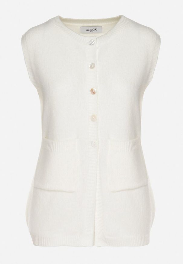 Born2be - Biała Rozpinana Kamizelka Sweterkowa z Wełną Quilzeki. Okazja: na co dzień. Kolor: biały. Materiał: wełna. Styl: elegancki, casual, klasyczny