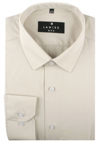 Delikatnie Wyszczuplana (Slim) Męska Koszula - Lanier - Beżowa. Kolor: brązowy, beżowy, wielokolorowy. Materiał: poliester, bawełna. Styl: sportowy, klasyczny #2